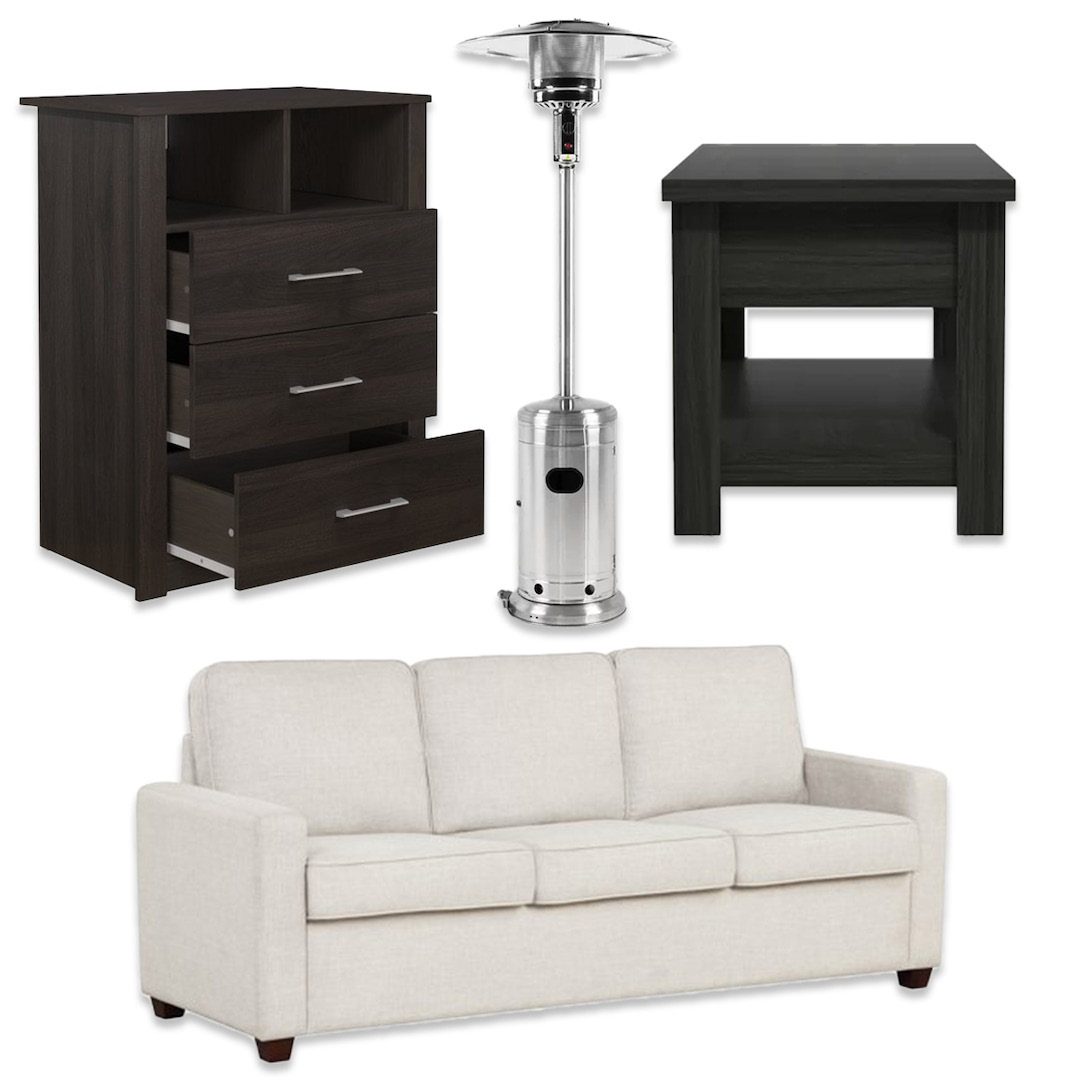 Furniture stock: cabinets, tables and a sofa ready for supply